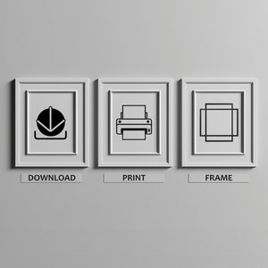 The practical use of the product is explained in 3 similar frames on the wall. Download, print and frame text demonstrates the easy use of the printable artwork.