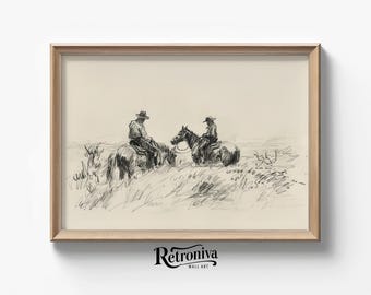 Cowboys on Break and Horses Feeding Scene Vintage Western Sketch Art Print | Southwestern Country Wall Art | Retroniva PRINTABLE Art SKT-015