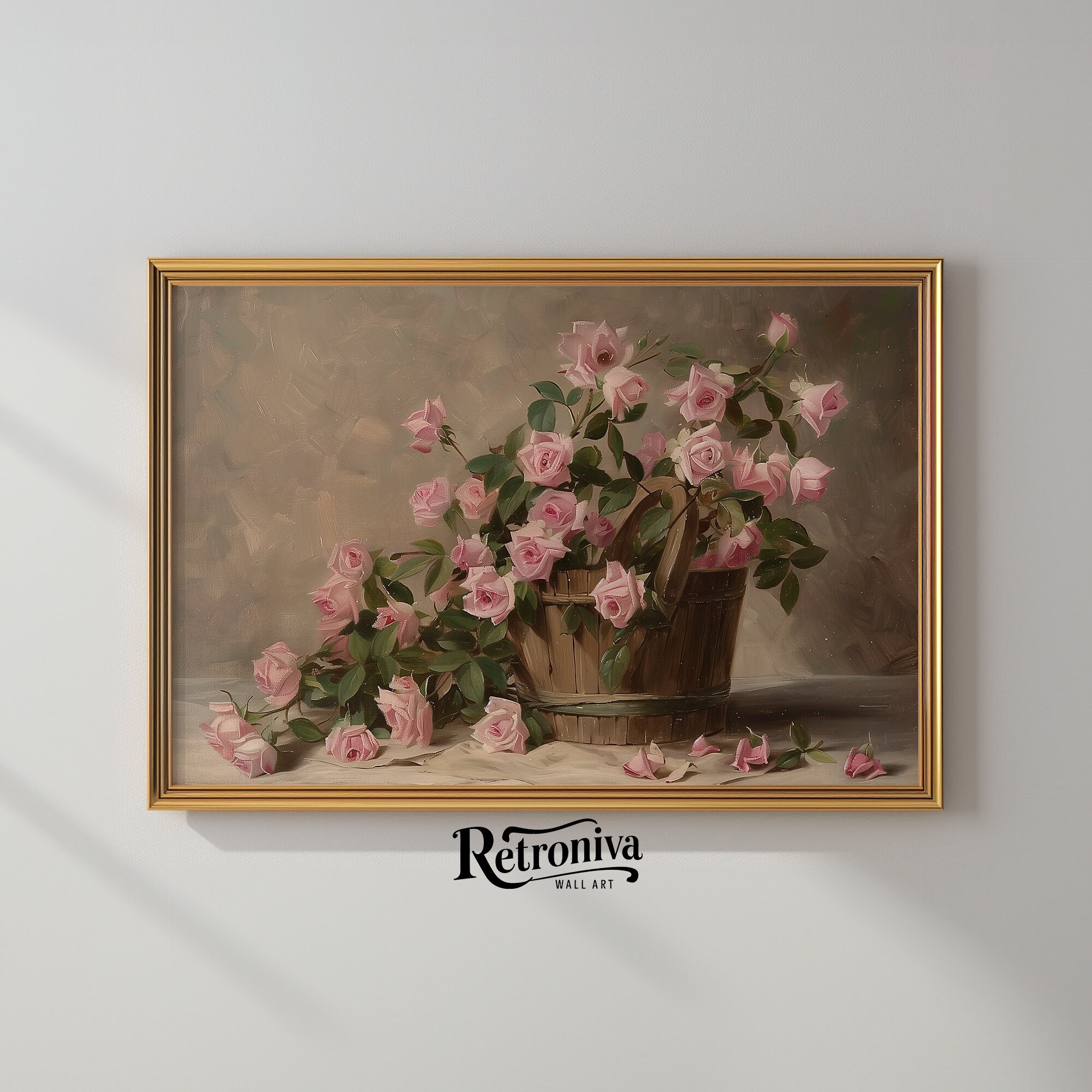 Pink Roses in Basket Vintage Still Life Botanical Wall Art