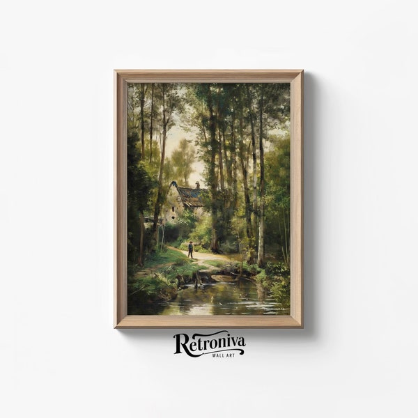 Muted Summer Forest Landscape Wall Art | Vintage Summer Country Prints | Cottage In Forest Alone Painting | Retroniva Printable Art SUM-007