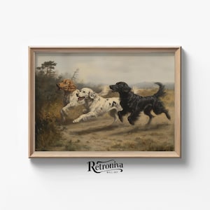Hunter Spaniel Dogs on the Hunt Scene Vintage Oil Painting | Rustic Animal Art Country Farmhouse Decor | Retroniva PRINTABLE Art ANM-039