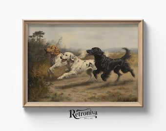 Hunter Spaniel Dogs on the Hunt Scene Vintage Oil Painting | Rustic Animal Art Country Farmhouse Decor | Retroniva PRINTABLE Art ANM-039
