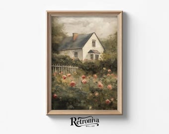 Countryside Rose Garden Landscape Cottagecore Oil Painting | Vintage English Cottage Art Farmhouse Decor | Retroniva PRINTABLE Art LND-015