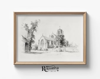 Dibujo de arte de boceto de iglesia antigua, Decoración de pared, Arte de pared de carbón de iglesia vintage, Impresión de boceto de arquitectura, Arte IMPRIMIBLE Retroniva SKT-005