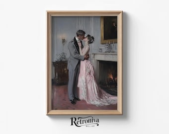 Paar zoenen op een evenement vintage olieverfschilderij | Romantische muurdecoratie Pure Love Art Print | Retroniva-AFDRUKBARE kunst CPL-015