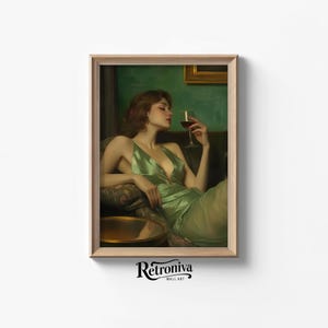 Viktoriansk elegant kvinna med vin Vintage väggkonst | Berusad kvinnamålning Antik porträttkonsttryck | Retroniva UTSKRIVBAR konst PRT-028