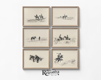 Conjunto de galería de dibujos de vaqueros y caballos antiguos del oeste / Impresión de bocetos de caballos Decoración de casa de campo / Conjunto de arte imprimible Retroniva 015