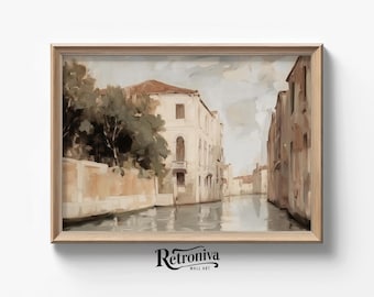 Vintage Canal Painting Neutral European Architecture Wall Art | Aesthetic Cityscape Art Print | Retroniva PRINTABLE Art ARC-016