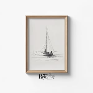 Sailboats at Sea Sketch Drawing Nautical Wall Art | Neutral Tones Minimalist Sketch Art Print | Retroniva PRINTABLE Art SKT-002