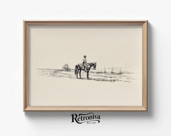 Lone Cowboy on Horse Digital Western Wall Art | Southwestern Art Vintage Horse Sketch Country Art Print | Retroniva PRINTABLE Art SKT-008