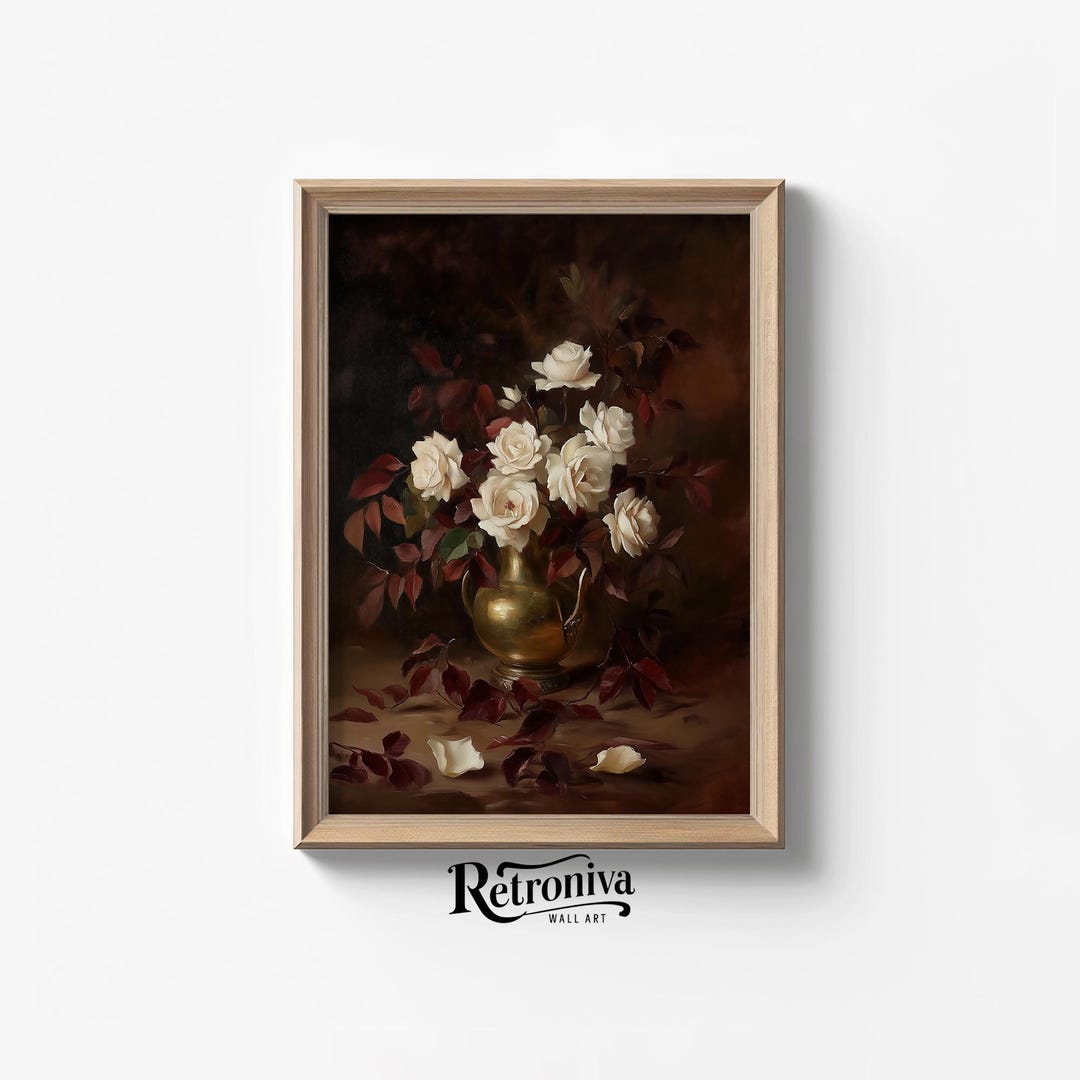 White Roses in Vase Moody Still Life Vintage Oil Painting | Dark Rose ...