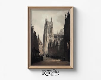 Vintage Cathedral Cityscape Art Print Moody Architecture Oil Painting | Architectural Dark Academia Decor | Retroniva PRINTABLE Art ARC-006