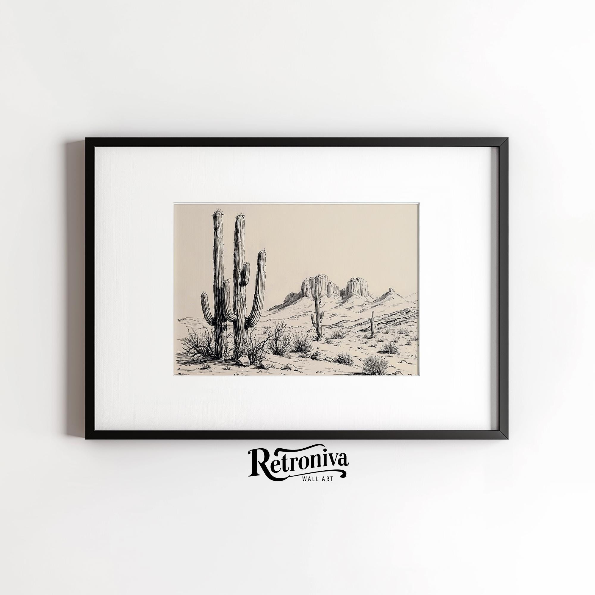 Vintage Desert Landscape With Cactus Sketch Drawing Western Wall Art ...