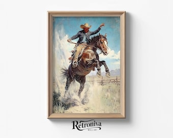 Kowboj podnoszący konia Scena Vintage obraz olejny Wystrój zachodni | Bucking Horse Południowo-zachodni wydruk artystyczny | Retroniva PRINTABLE Art LND-012