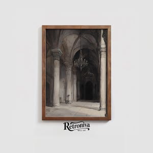The watercolor architectural scene is displayed in a dark wooden frame with the moody church art.