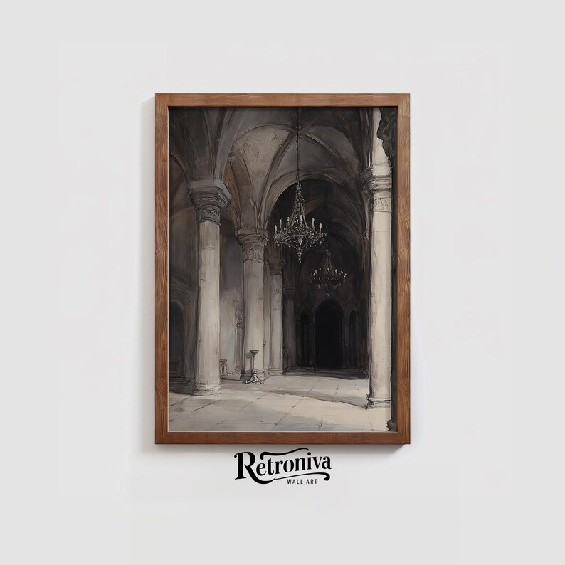 The watercolor architectural scene is displayed in a dark wooden frame with the moody church art.