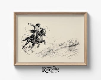 Vintage Cowboy Rodeo Landscape Sketch Wall Art | Horse Sketch Art Print Western Farmhouse Decor | Retroniva PRINTABLE Art SKT-027