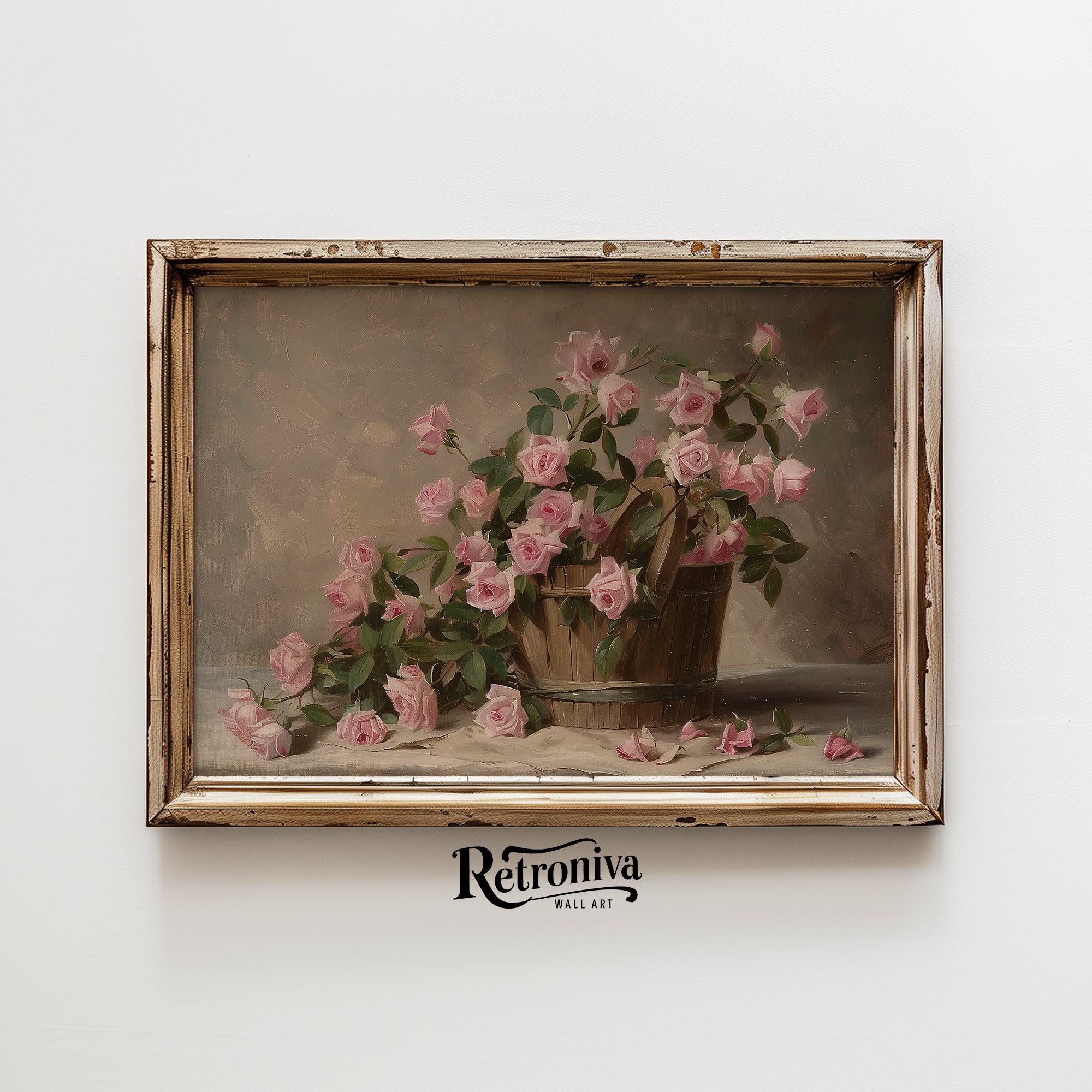 Pink Roses in Basket Vintage Still Life Botanical Wall Art | Flower Art ...