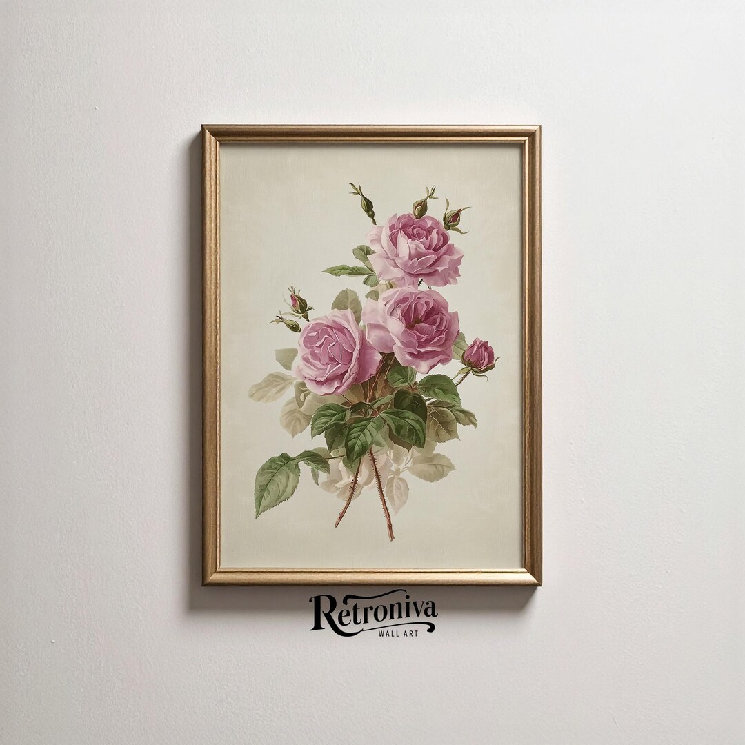 Vintage Pink Rose Botanical Art Print Antique Floral Cottagecore Wall ...