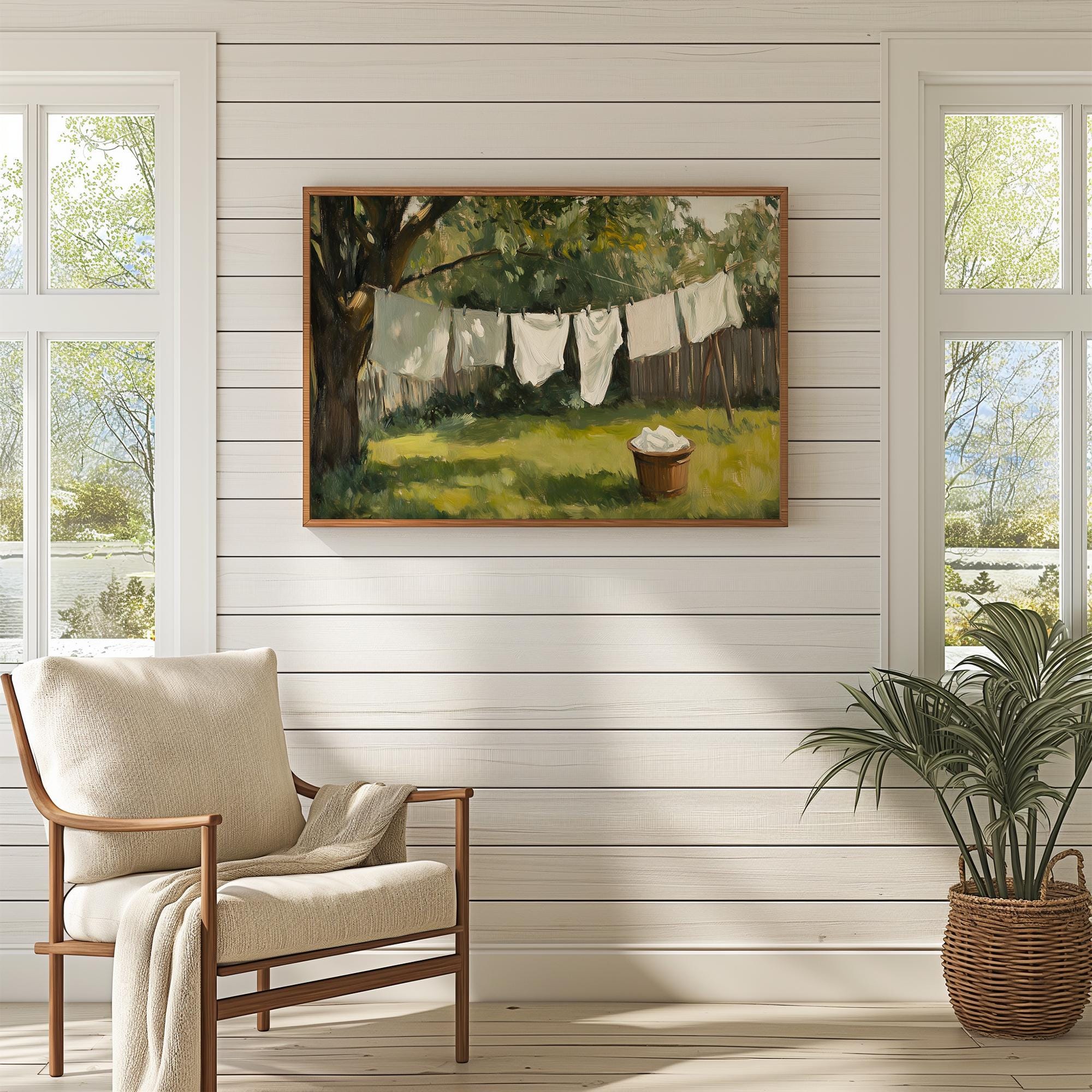 Drying Laundry Scene in the Garden Vintage Oil Painting | Laundry Room ...