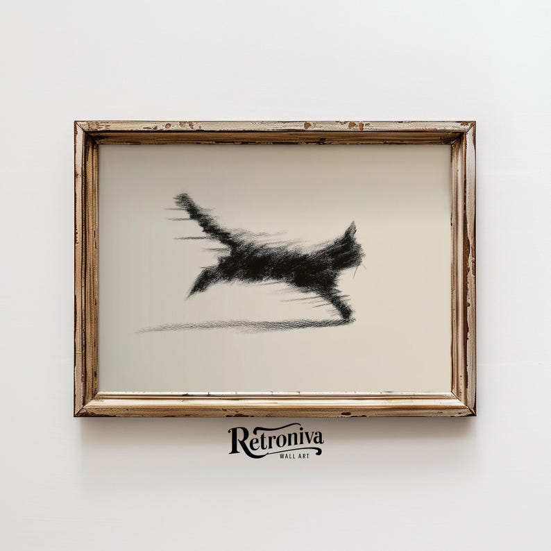 May include: A framed wall art print featuring a black, stylized illustration of a running cat. The artwork has a distressed, vintage-style frame. The print is on a cream-colored background. The text "Retroniva Wall Art" is at the bottom.