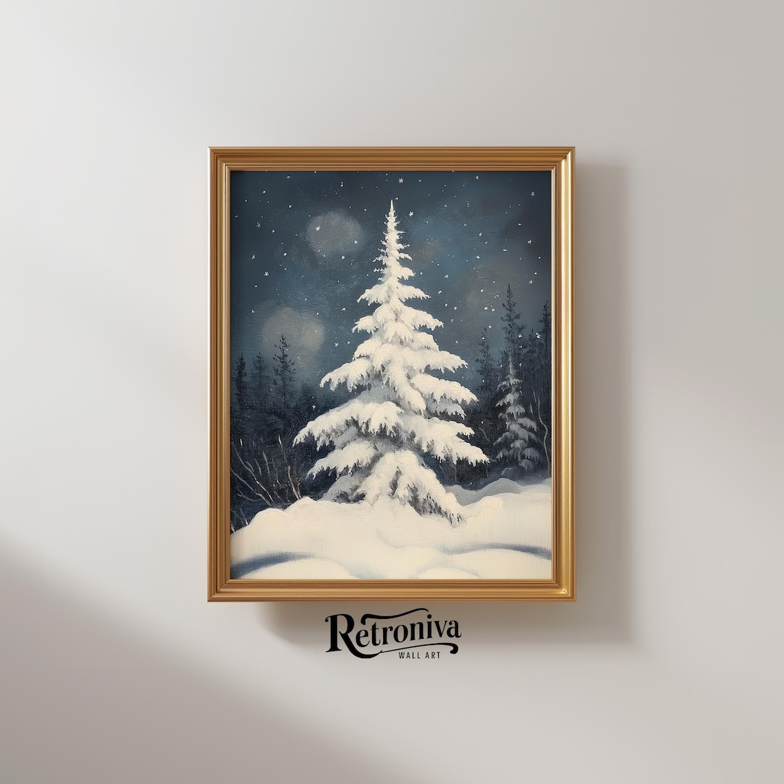 Snow Covered Pine Tree Vintage Winter Landscape Painting | Snowy Dark ...