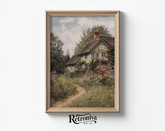 Vintage Cottage zomer land landschap schilderij | Cottagecore olieverfschilderij boerderij decor | Retroniva AFDRUKBARE kunst SUM-010