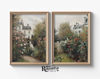 Conjunto de 2 arte de pared vintage de jardín de rosas de cabaña, pintura al óleo de primavera cambiante, impresión de arte de granja, Arte IMPRIMIBLE Retroniva SET-002