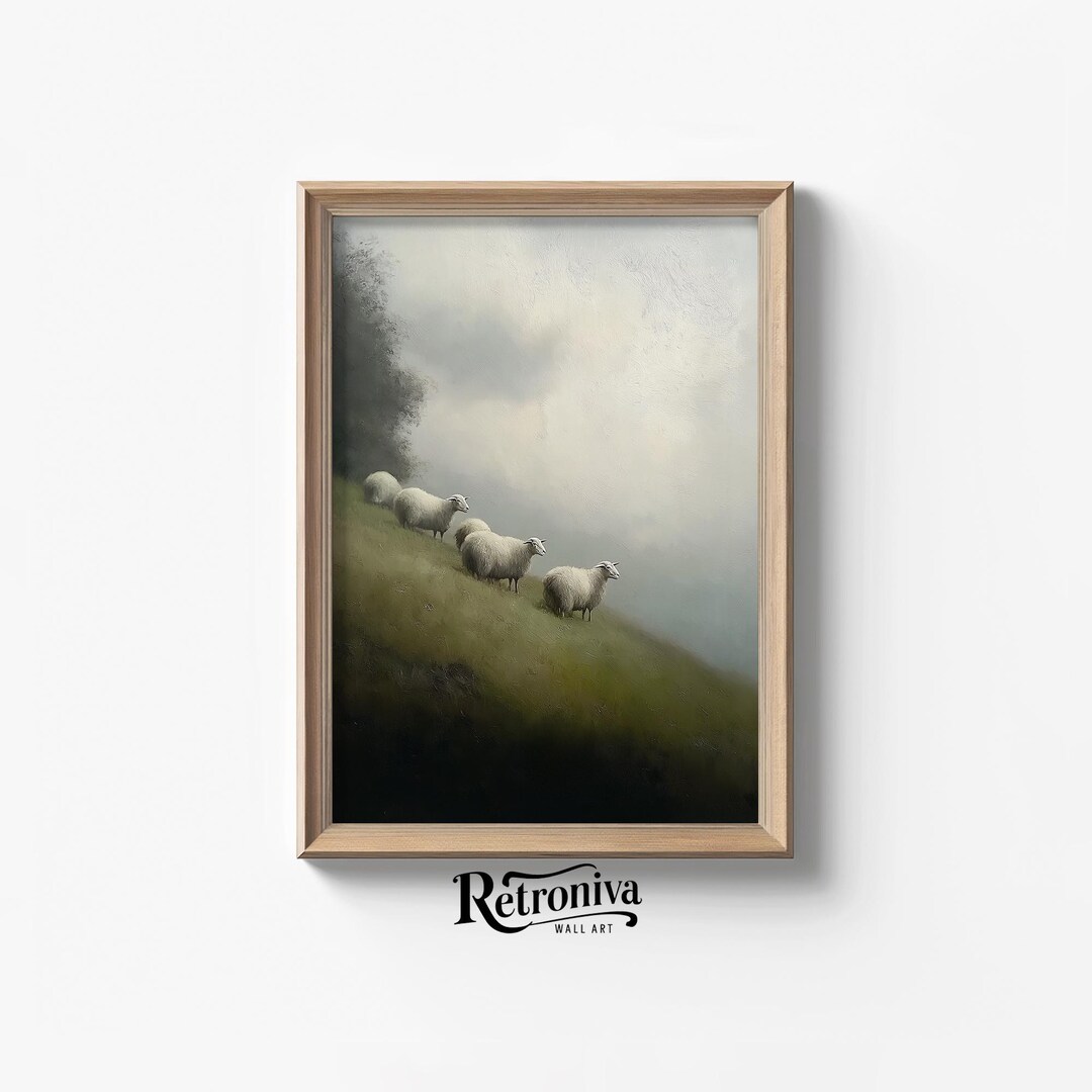 Sheep in the Meadow Landscape Oil Painting | Rustic Animal Wall Art ...