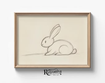 Vintage Rabbit Sketch Art Print Minimalist Nursery Wall Art | Easter Bunny Sketch Drawing Farmhouse Decor | Retroniva PRINTABLE Art SKT-046