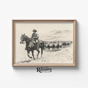 Cowboy Leading a Herd of Bulls Scene Vintage Western Sketch Wall Art | Country Farmhouse Sketch Drawing | Retroniva PRINTABLE Art SKT-042