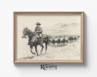 Cowboy Leading a Herd of Bulls Scene Vintage Western Sketch Wall Art | Country Farmhouse Sketch Drawing | Retroniva PRINTABLE Art SKT-042