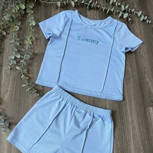 Personalised Embroidery Children's Summer Set Clothing - Blue - Baby Sleepsuit - Personalised Baby Clothing Set - Summer Baby Outfit