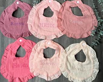 Personalised Embroidery Frill Bibs - pink bibs- cream bibs