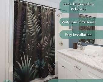 Rideau de douche de jardin crépuscule. Drapé élégant pour salle de bain en polyester avec imprimé botanique luxuriant. Durable et résistant à l'eau.
