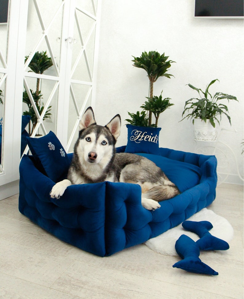 May include: A blue tufted dog bed with a matching pillow and toy. A gray and white husky dog is resting in the bed. The pillow has the name "Heidi" embroidered on it. The bed is on a white rug.