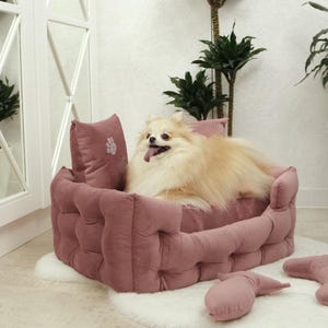 May include: A small, fluffy, light-colored dog rests in a dusty rose-colored, tufted pet bed. The bed sits on a white, fluffy rug. A matching pillow with a paw print is visible. Additional matching pillows are scattered around the bed.