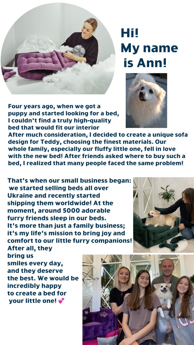 May include: A woman and her family pose with their dog in front of a purple and pink dog bed. The bed has a crown on the headrest. The woman is holding a small white dog. The family is smiling. The text "Hi! My name is Ann!" is in the top right corner of the image.