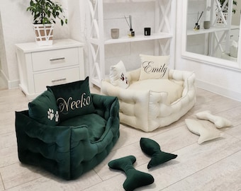 Luxury Elegant Dog Bed | Pillow Name Embroidery Option | XS–XXL Sizes | Washable, Anti-Claw Fabric | Perfect Gift for Pet Owners