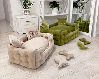 Personalisiertes Hundebett für Haustier, Möbel für Hunde oder Katzen, Schönes Hunde- oder Katzensofa mit weichen Kissen und Spielzeug, Geschenk für Hunde- oder Katzenliebhaber