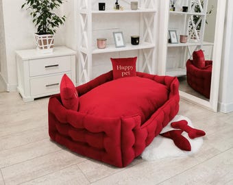Personalisiertes Hundebett für Haustier, Möbel für Hunde oder Katzen, Schönes Hunde- oder Katzensofa mit weichen Kissen und Spielzeug, Geschenk für Hunde- oder Katzenliebhaber