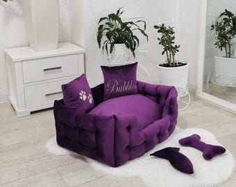 Personalisiertes Hundebett für Haustier, Möbel für Hunde oder Katzen, Schönes Hunde- oder Katzensofa mit weichen Kissen und Spielzeug, Geschenk für Hunde- oder Katzenliebhaber