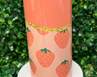 Vaso de acero inoxidable con fresas rosas, diseño dorado o con purpurina.
