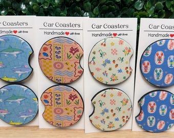Summer car coasters: Preppy, coastal, beachy, stamps, colorful, pastel- Set of 2