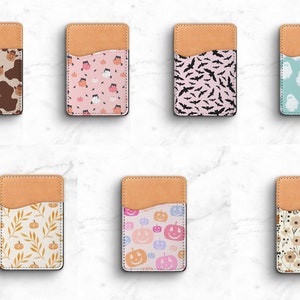 Halloween Stick on Phone Case Wallet, kaarthouder voor je telefoon, Halloween, spoken, vleermuizen, bloemen, pompoenen, zwarte katten, telefoonaccessoires