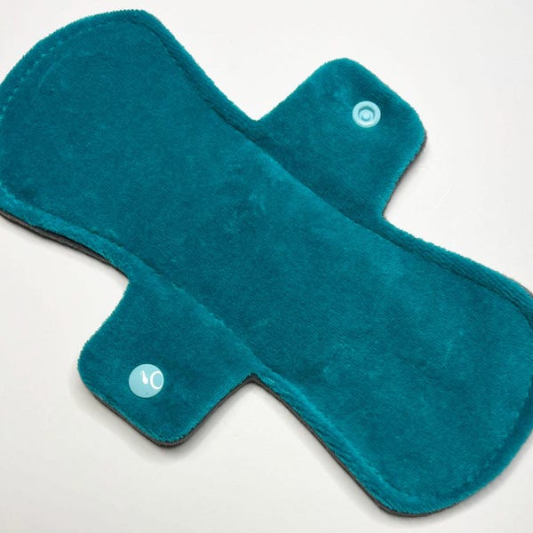 Protector de bragas de terciopelo de algodón verde azulado de 9 pulgadas con parte posterior de vellón, compresa menstrual 100 % reutilizable, productos sostenibles, ecológicos, súper absorbentes