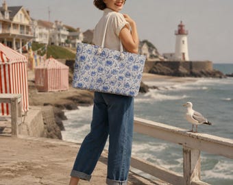 Nancy Drew inspired Goth themed Toile de Jouy Weekender Bag Nautical Rope Tote  coastal style French country