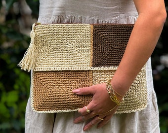 Handgemaakte clutch bag, gebreide papieren garen tas stro, patchwork gehaakte buideltas, Boho tas, Bohem zomer casual handtas