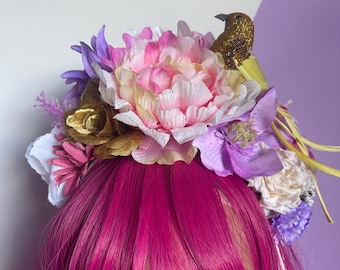 Purple & Pink Floral Crown Headband with Glitter Accent Glitter Flower Crown Headband, Purple, Silver, White  main image 2