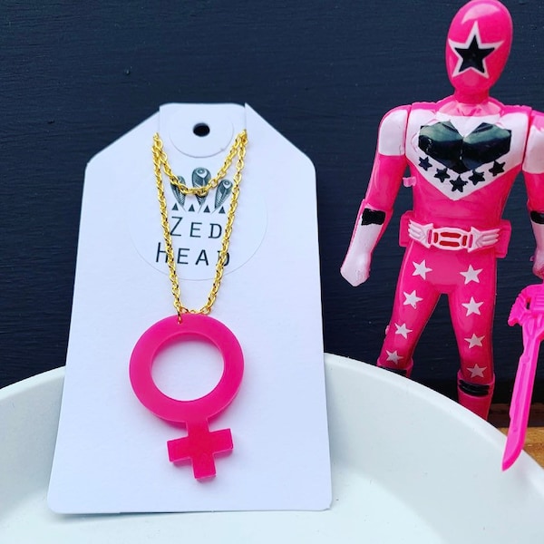 Venus symbol female sign hot pink plastic lazer cut charm necklace feminist